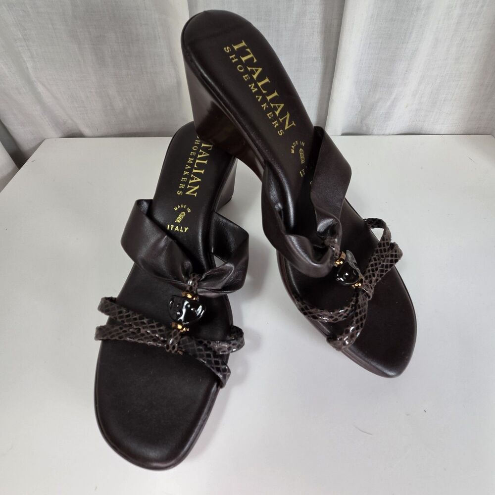 Italian Shoemakers Chocolate Brown 3" Heel Leather Strappy Sandals Womens Size 8